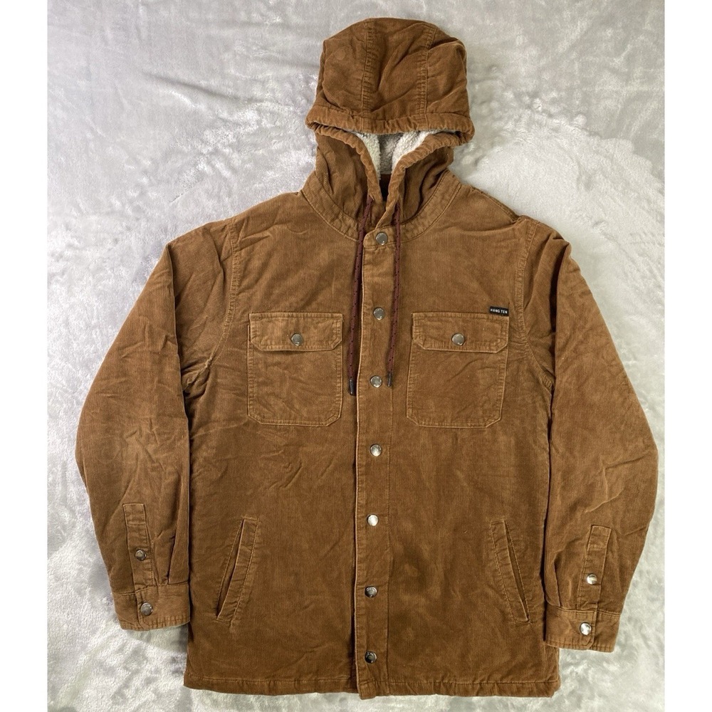 Hang Ten Corduroy Sherpa Baja Shacket Mens M Brown Hooded Blanket Lined Surf
